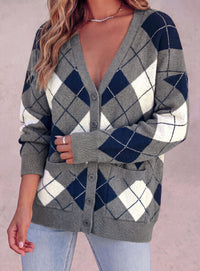 PRETTYGARDEN Women's Cardigan Argyle Winter Sweaters | Cozy Warm Chunky Knit, Long Sleeve V Neck, Color Block Plaid, Button Up Pocket,Trendy Fall Jackets, Holiday Going Out Outfits