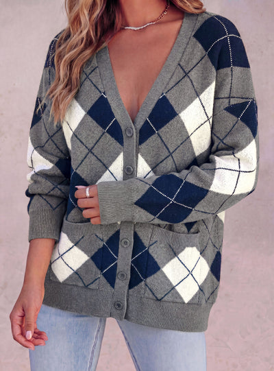 PRETTYGARDEN Women's Cardigan Argyle Winter Sweaters | Cozy Warm Chunky Knit, Long Sleeve V Neck, Color Block Plaid, Button Up Pocket,Trendy Fall Jackets, Holiday Going Out Outfits