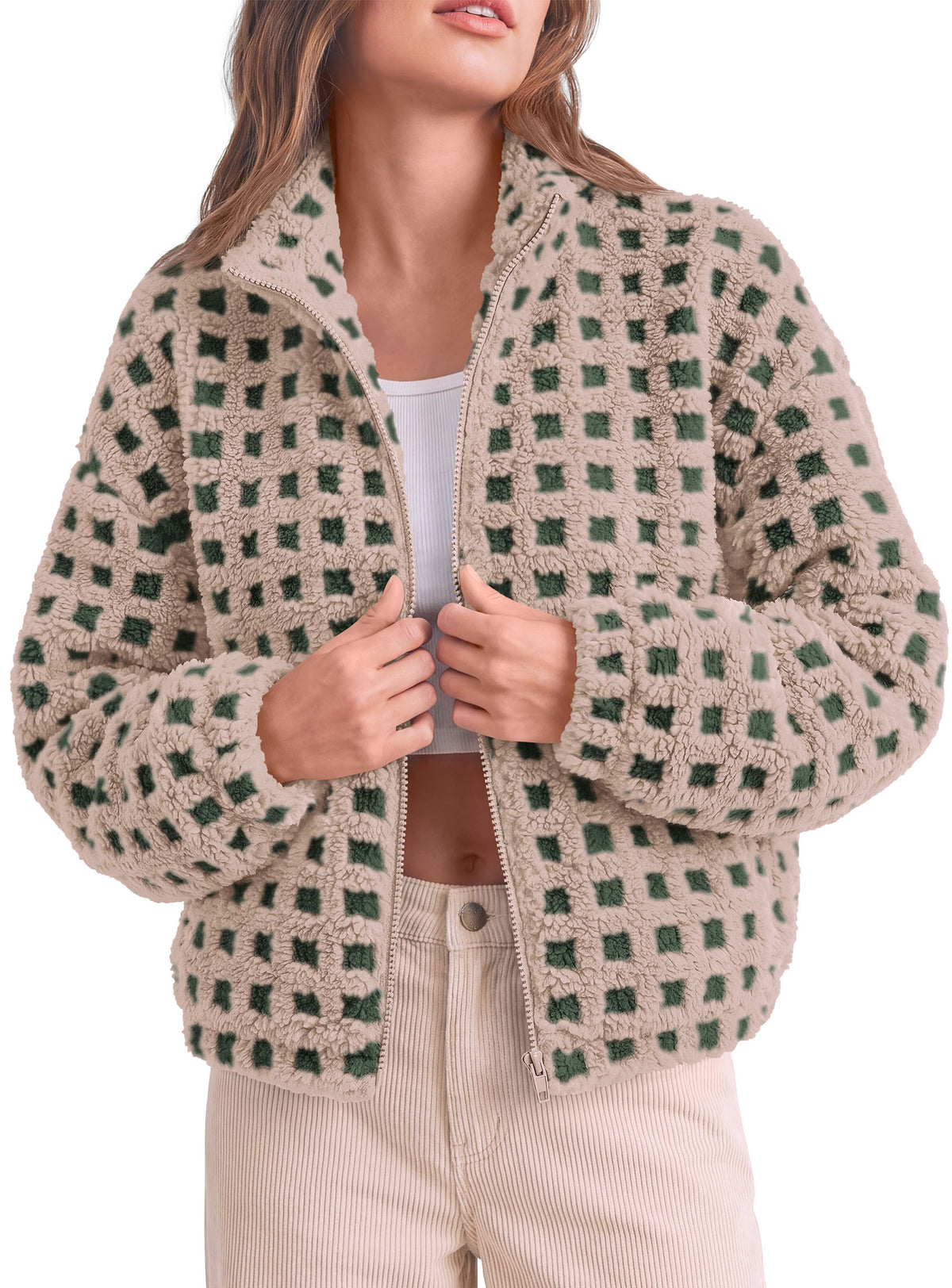 PRETTYGARDEN Women's Gingham Sherpa Fleece Jacket Plaid Cropped Teddy Coat  Trendy Y2K Winter Jacket, Zip Up Stand Collar, Side Pockets, Fall Outfit for Casual Daily, Going Out, Streetwear, Outdoor
