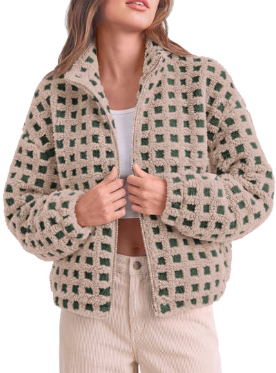 PRETTYGARDEN Women's Gingham Sherpa Fleece Jacket Plaid Cropped Teddy Coat  Trendy Y2K Winter Jacket, Zip Up Stand Collar, Side Pockets, Fall Outfit for Casual Daily, Going Out, Streetwear, Outdoor