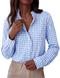 PRETTYGARDEN Womens Long Sleeve Button Down Shirts | Soft Cotton Fabric, Fashion Plaid Shirt, Basic Collared V Neck, Work Business Casual Blouses, 2026 Fall Trendy Outfits