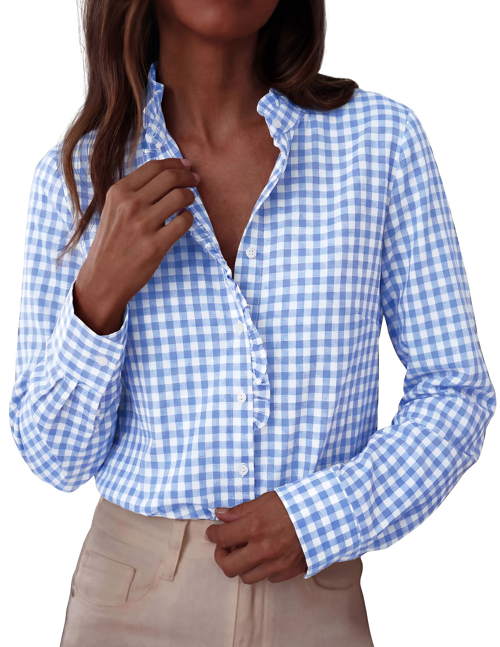 PRETTYGARDEN Womens Long Sleeve Button Down Shirts | Soft Cotton Fabric, Fashion Plaid Shirt, Basic Collared V Neck, Work Business Casual Blouses, 2026 Fall Trendy Outfits