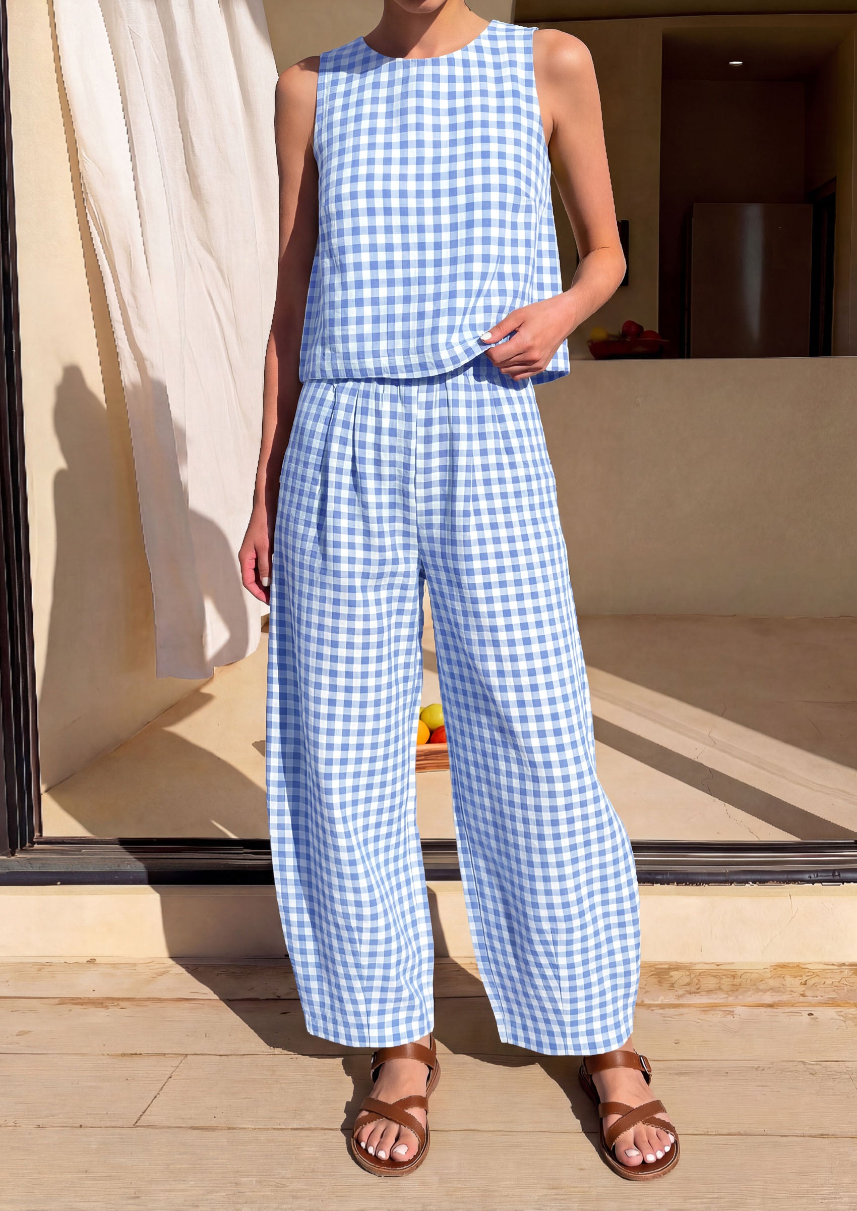 PRETTYGARDEN Womens 2 Piece Sets Summer Plaid Sleeveless Tops Wide Leg Pants Matching Lounge Set Beach Vacation Outfits