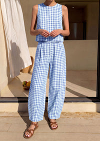 PRETTYGARDEN Womens 2 Piece Sets Summer Plaid Sleeveless Tops Wide Leg Pants Matching Lounge Set Beach Vacation Outfits