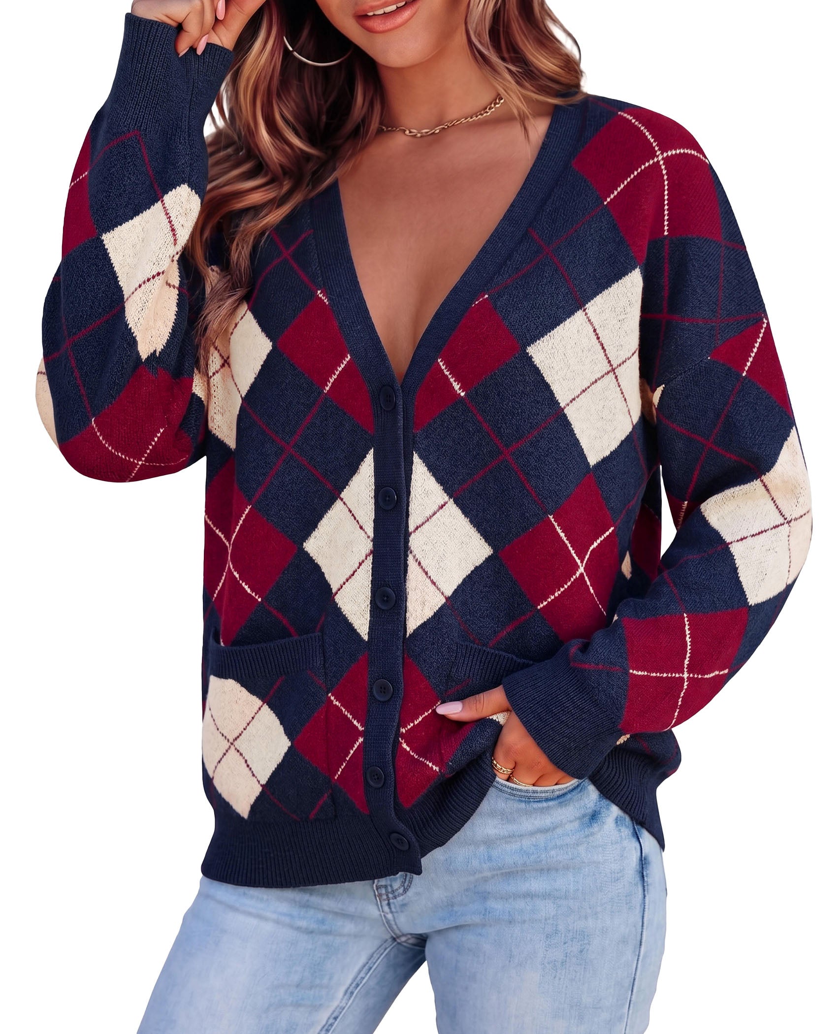 PRETTYGARDEN Women's Cardigan Argyle Winter Sweaters | Cozy Warm Chunky Knit, Long Sleeve V Neck, Color Block Plaid, Button Up Pocket,Trendy Fall Jackets, Holiday Going Out Outfits
