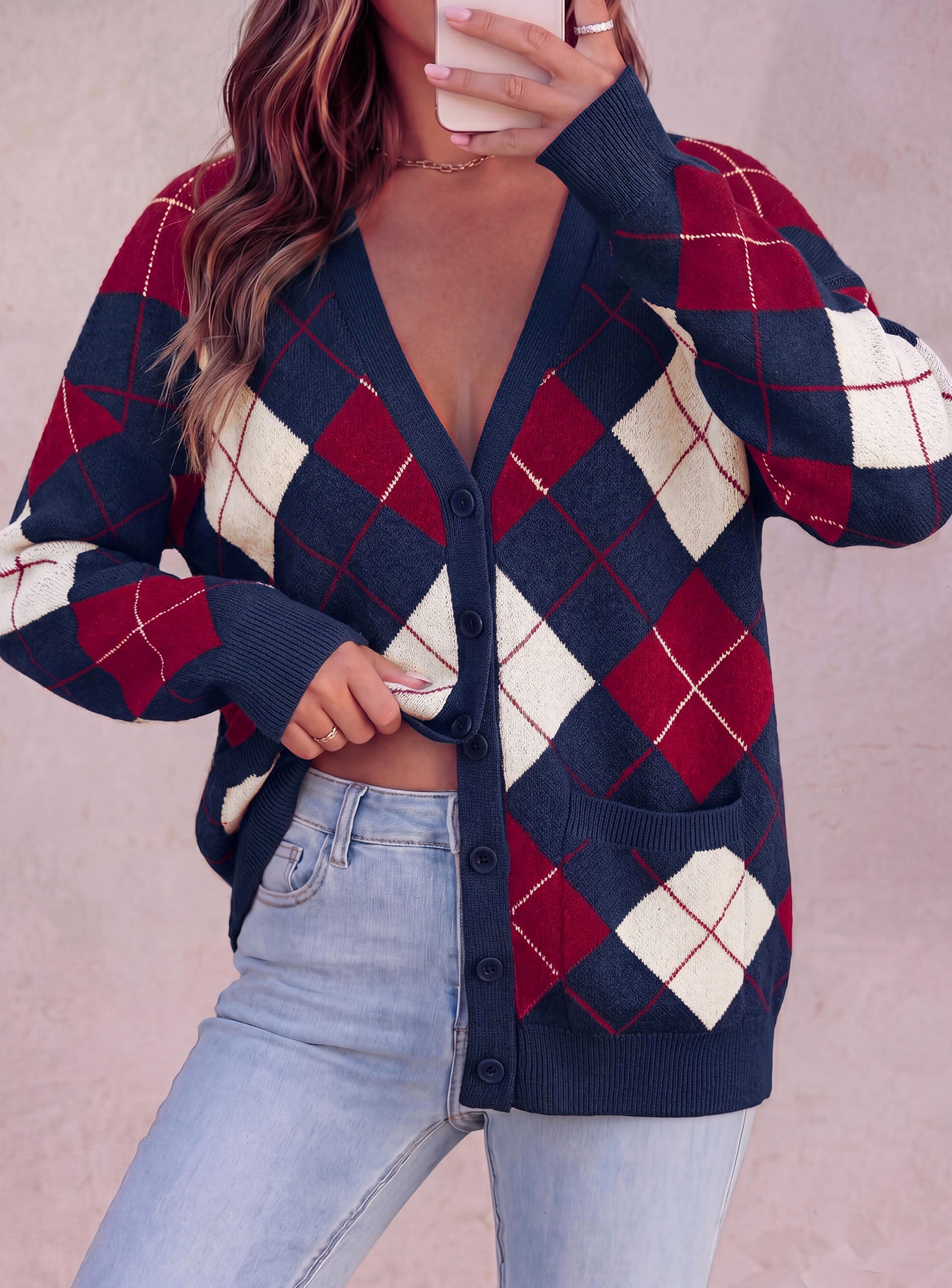 PRETTYGARDEN Women's Cardigan Argyle Winter Sweaters | Cozy Warm Chunky Knit, Long Sleeve V Neck, Color Block Plaid, Button Up Pocket,Trendy Fall Jackets, Holiday Going Out Outfits