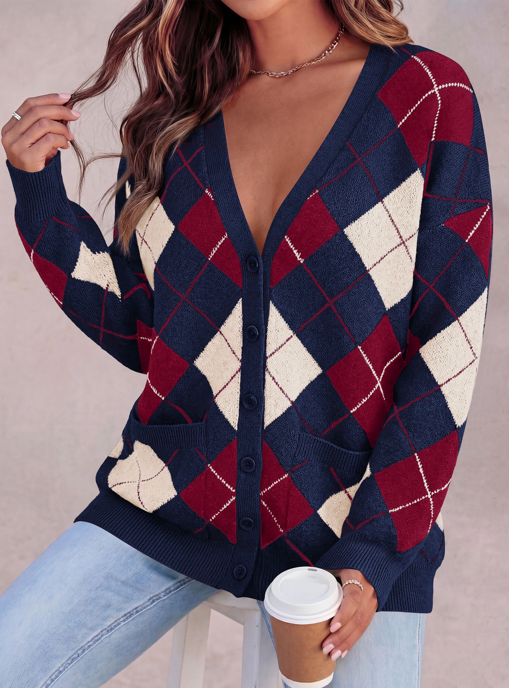 PRETTYGARDEN Women's Cardigan Argyle Winter Sweaters | Cozy Warm Chunky Knit, Long Sleeve V Neck, Color Block Plaid, Button Up Pocket,Trendy Fall Jackets, Holiday Going Out Outfits