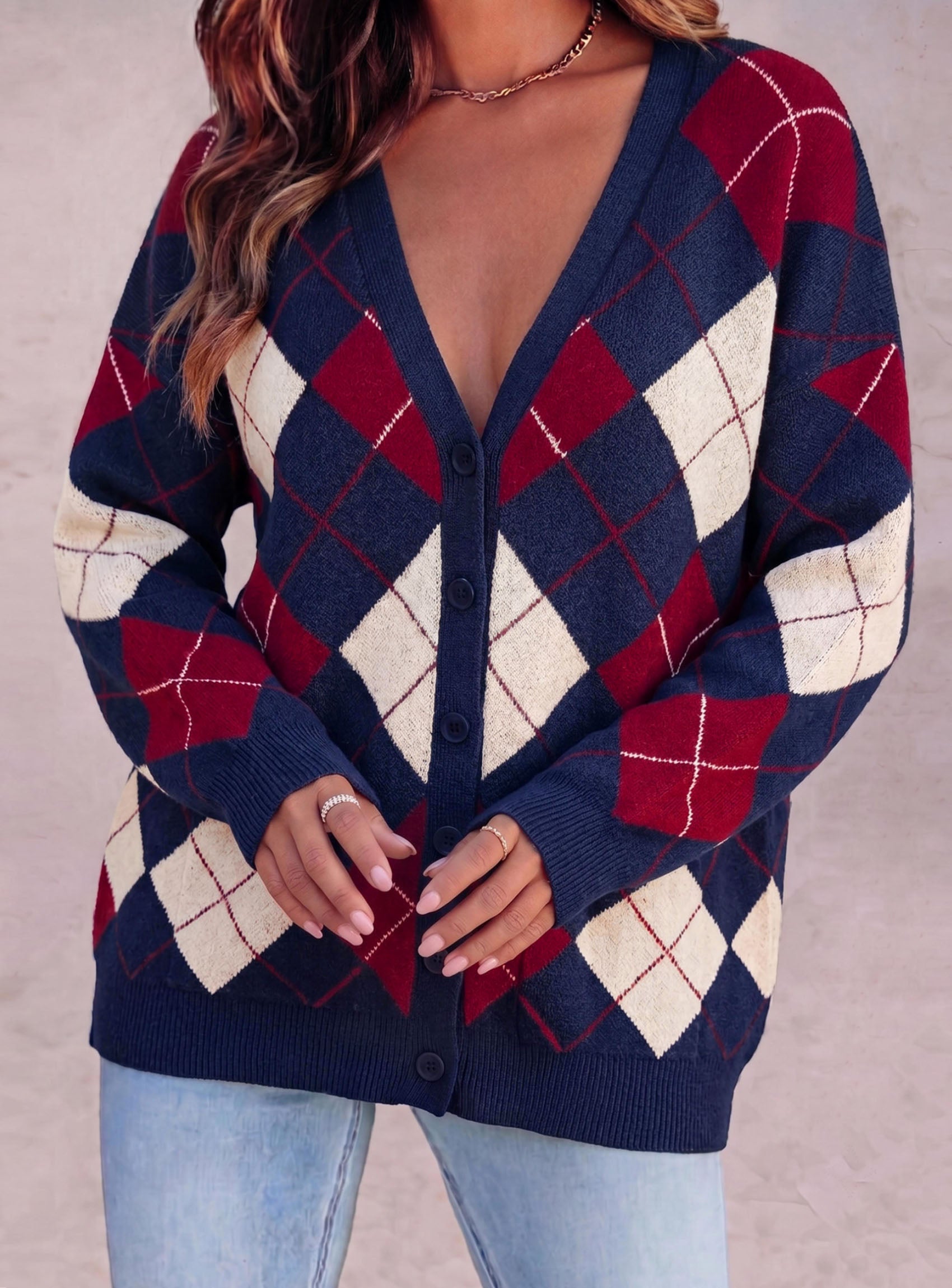 PRETTYGARDEN Women's Cardigan Argyle Winter Sweaters | Cozy Warm Chunky Knit, Long Sleeve V Neck, Color Block Plaid, Button Up Pocket,Trendy Fall Jackets, Holiday Going Out Outfits