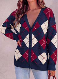 PRETTYGARDEN Women's Cardigan Argyle Winter Sweaters | Cozy Warm Chunky Knit, Long Sleeve V Neck, Color Block Plaid, Button Up Pocket,Trendy Fall Jackets, Holiday Going Out Outfits