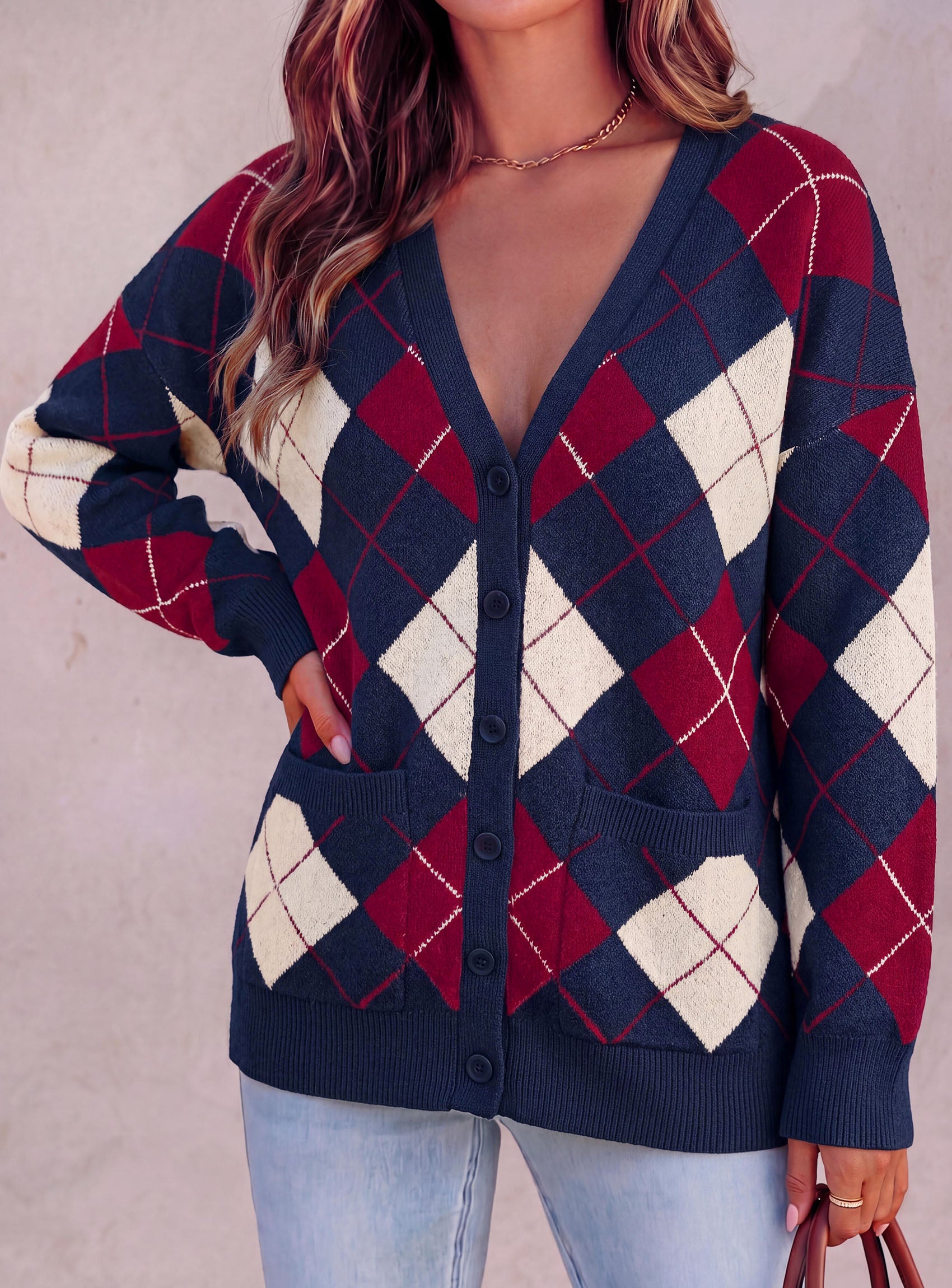 PRETTYGARDEN Women's Cardigan Argyle Winter Sweaters | Cozy Warm Chunky Knit, Long Sleeve V Neck, Color Block Plaid, Button Up Pocket,Trendy Fall Jackets, Holiday Going Out Outfits
