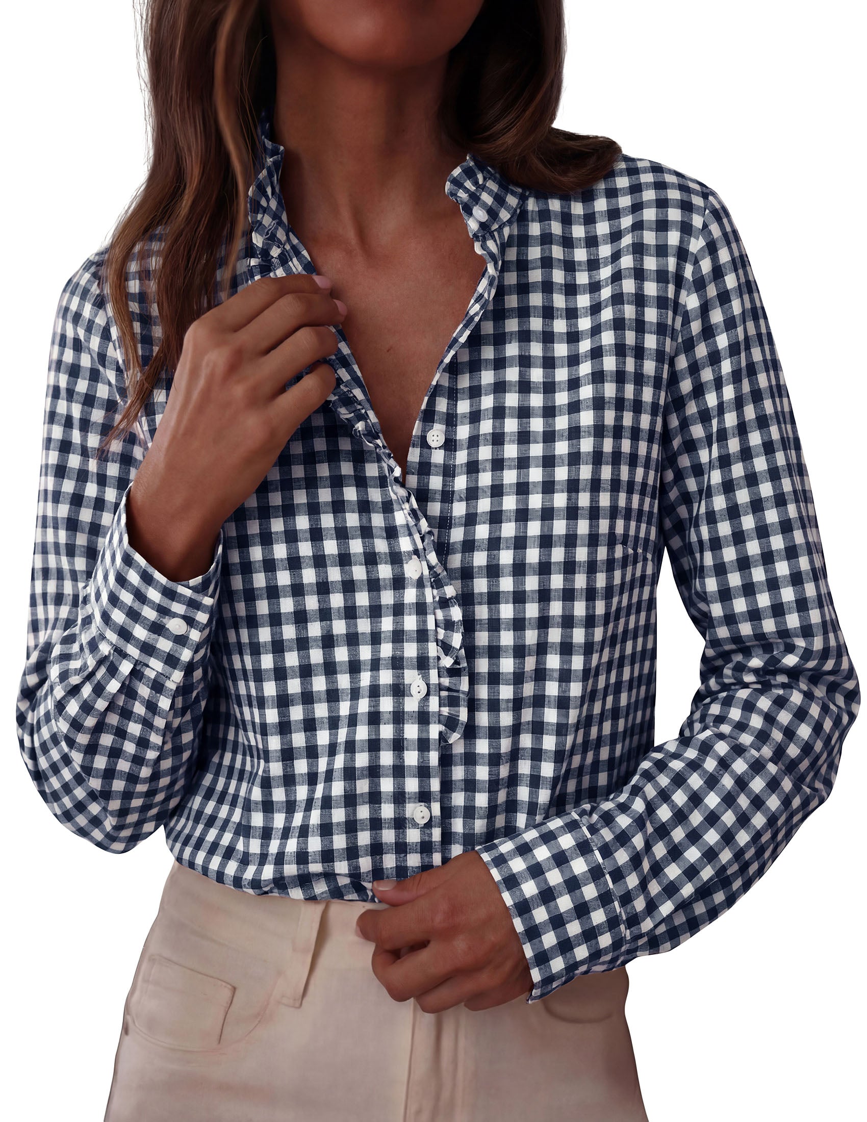 PRETTYGARDEN Womens Long Sleeve Button Down Shirts | Soft Cotton Fabric, Fashion Plaid Shirt, Basic Collared V Neck, Work Business Casual Blouses, 2026 Fall Trendy Outfits