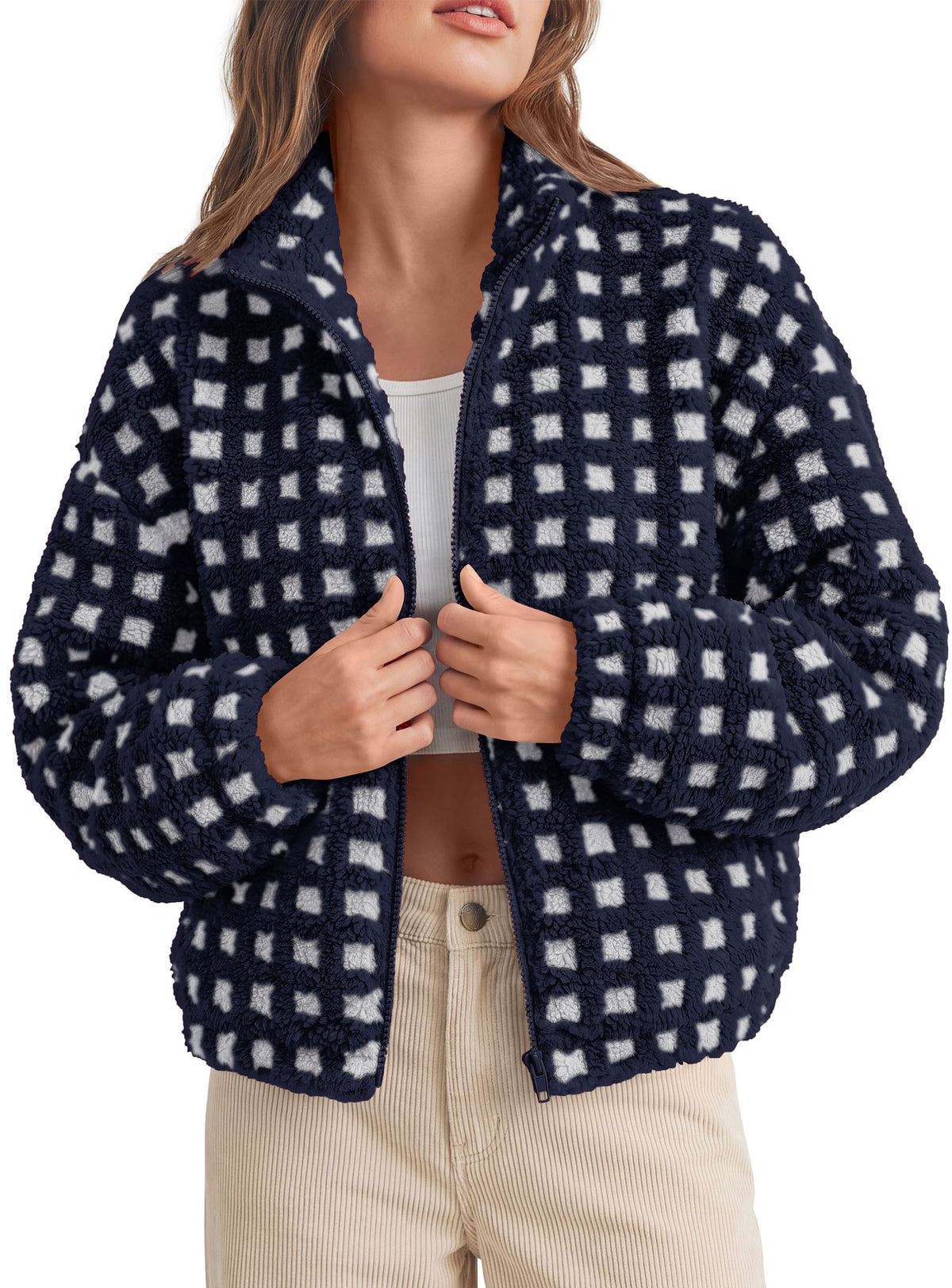 PRETTYGARDEN Women's Gingham Sherpa Fleece Jacket Plaid Cropped Teddy Coat  Trendy Y2K Winter Jacket, Zip Up Stand Collar, Side Pockets, Fall Outfit for Casual Daily, Going Out, Streetwear, Outdoor