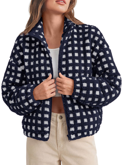 PRETTYGARDEN Women's Gingham Sherpa Fleece Jacket Plaid Cropped Teddy Coat  Trendy Y2K Winter Jacket, Zip Up Stand Collar, Side Pockets, Fall Outfit for Casual Daily, Going Out, Streetwear, Outdoor