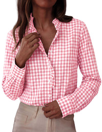 PRETTYGARDEN Womens Long Sleeve Button Down Shirts | Soft Cotton Fabric, Fashion Plaid Shirt, Basic Collared V Neck, Work Business Casual Blouses, 2026 Fall Trendy Outfits