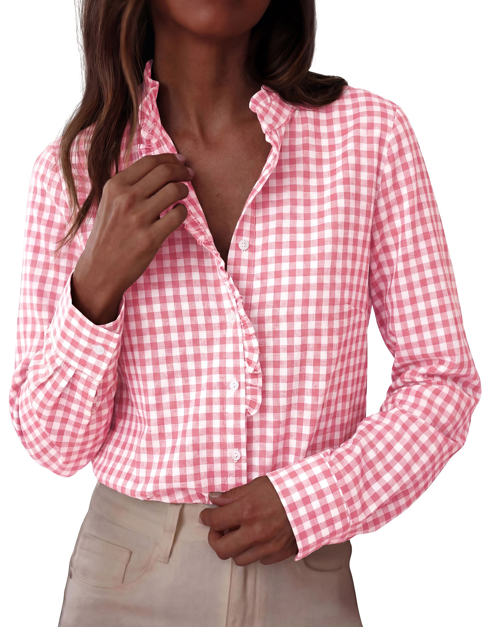 PRETTYGARDEN Womens Long Sleeve Button Down Shirts | Soft Cotton Fabric, Fashion Plaid Shirt, Basic Collared V Neck, Work Business Casual Blouses, 2026 Fall Trendy Outfits