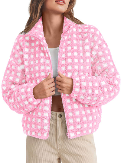 PRETTYGARDEN Women's Gingham Sherpa Fleece Jacket Plaid Cropped Teddy Coat  Trendy Y2K Winter Jacket, Zip Up Stand Collar, Side Pockets, Fall Outfit for Casual Daily, Going Out, Streetwear, Outdoor