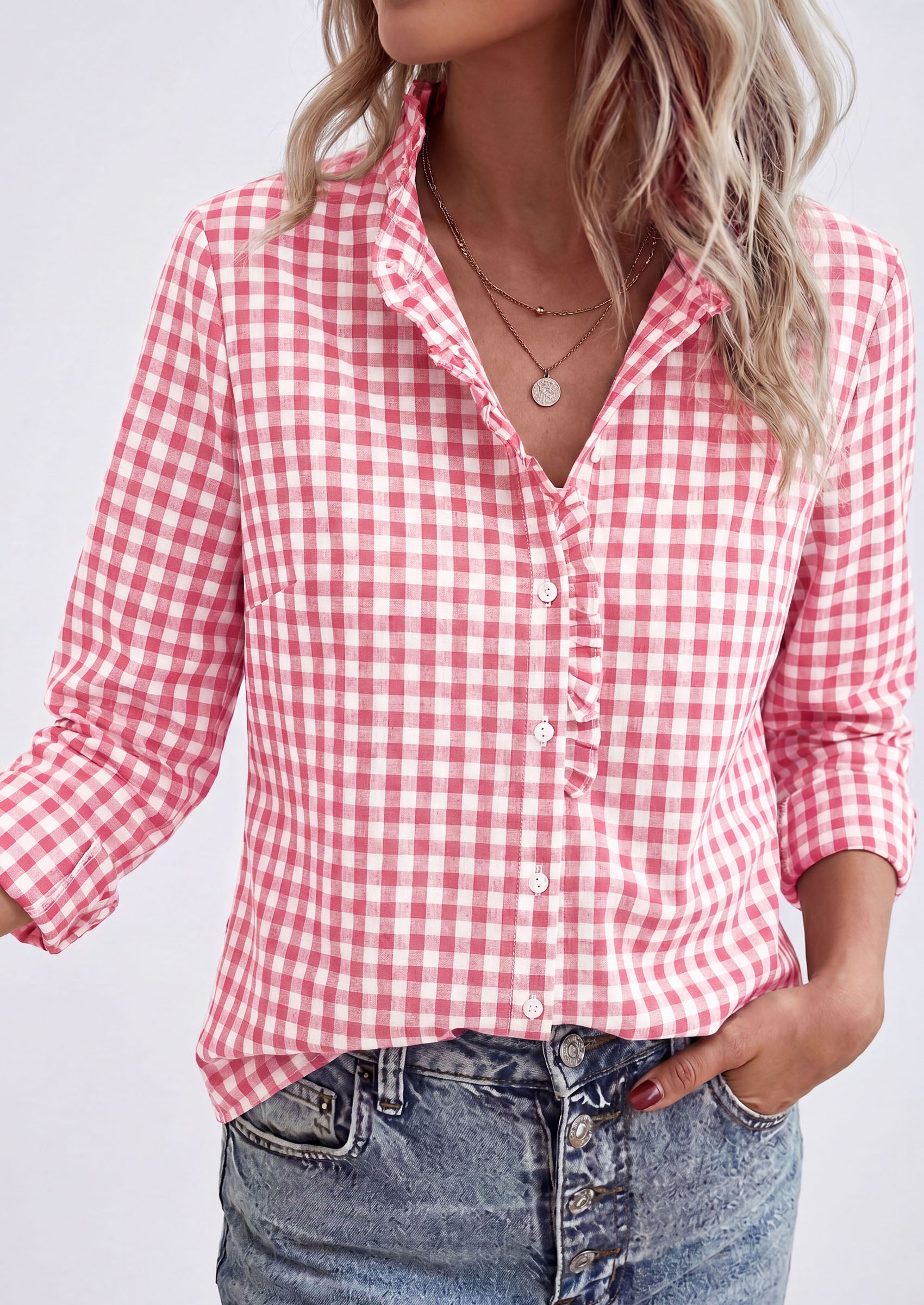 PRETTYGARDEN Womens Long Sleeve Button Down Shirts | Soft Cotton Fabric, Fashion Plaid Shirt, Basic Collared V Neck, Work Business Casual Blouses, 2026 Fall Trendy Outfits