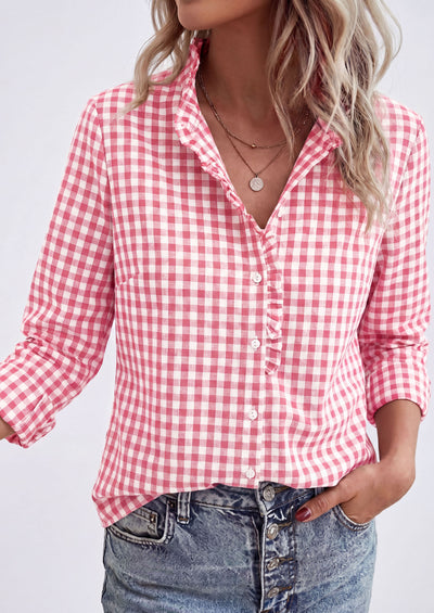 PRETTYGARDEN Womens Long Sleeve Button Down Shirts | Soft Cotton Fabric, Fashion Plaid Shirt, Basic Collared V Neck, Work Business Casual Blouses, 2026 Fall Trendy Outfits