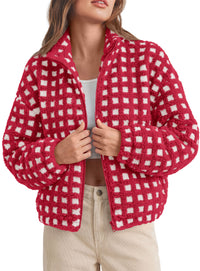 PRETTYGARDEN Women's Gingham Sherpa Fleece Jacket Plaid Cropped Teddy Coat  Trendy Y2K Winter Jacket, Zip Up Stand Collar, Side Pockets, Fall Outfit for Casual Daily, Going Out, Streetwear, Outdoor
