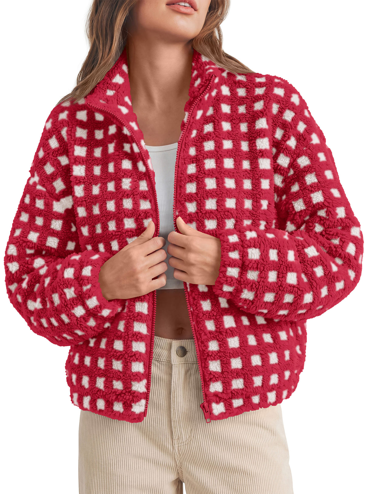 PRETTYGARDEN Women's Gingham Sherpa Fleece Jacket Plaid Cropped Teddy Coat  Trendy Y2K Winter Jacket, Zip Up Stand Collar, Side Pockets, Fall Outfit for Casual Daily, Going Out, Streetwear, Outdoor