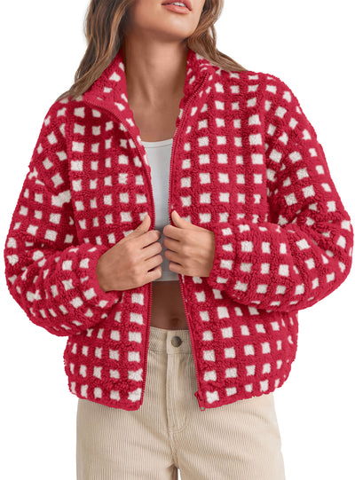 PRETTYGARDEN Women's Gingham Sherpa Fleece Jacket Plaid Cropped Teddy Coat  Trendy Y2K Winter Jacket, Zip Up Stand Collar, Side Pockets, Fall Outfit for Casual Daily, Going Out, Streetwear, Outdoor
