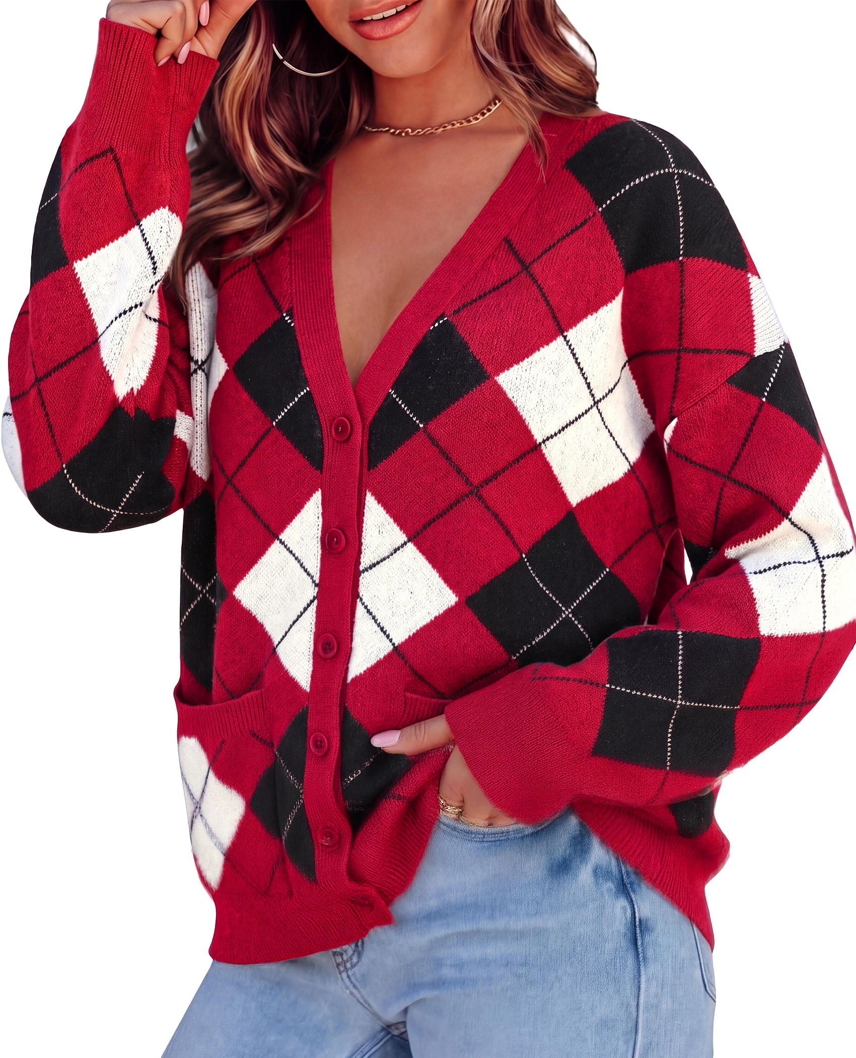 PRETTYGARDEN Women's Cardigan Argyle Winter Sweaters | Cozy Warm Chunky Knit, Long Sleeve V Neck, Color Block Plaid, Button Up Pocket,Trendy Fall Jackets, Holiday Going Out Outfits