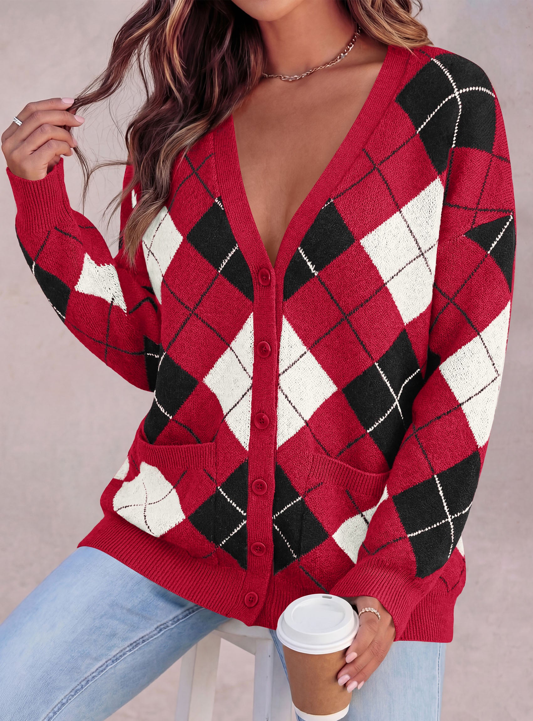 PRETTYGARDEN Women's Cardigan Argyle Winter Sweaters | Cozy Warm Chunky Knit, Long Sleeve V Neck, Color Block Plaid, Button Up Pocket,Trendy Fall Jackets, Holiday Going Out Outfits
