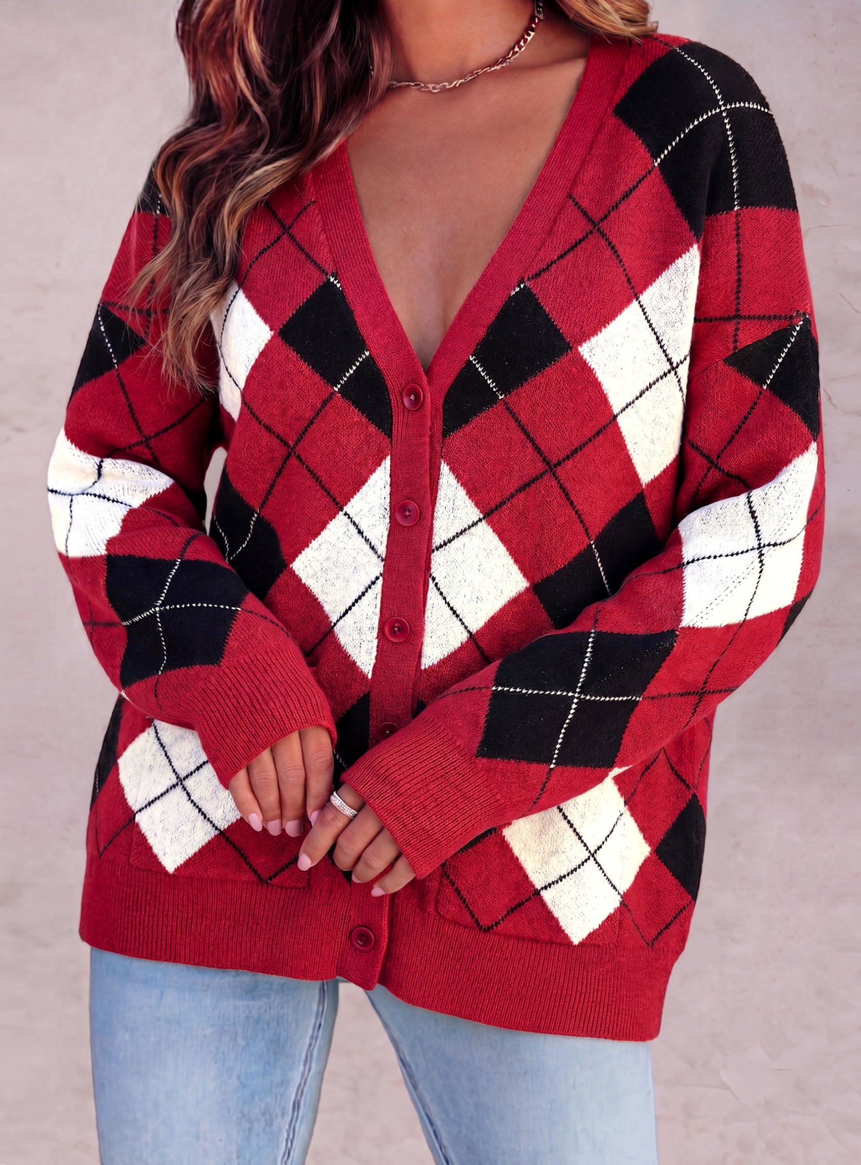 PRETTYGARDEN Women's Cardigan Argyle Winter Sweaters | Cozy Warm Chunky Knit, Long Sleeve V Neck, Color Block Plaid, Button Up Pocket,Trendy Fall Jackets, Holiday Going Out Outfits