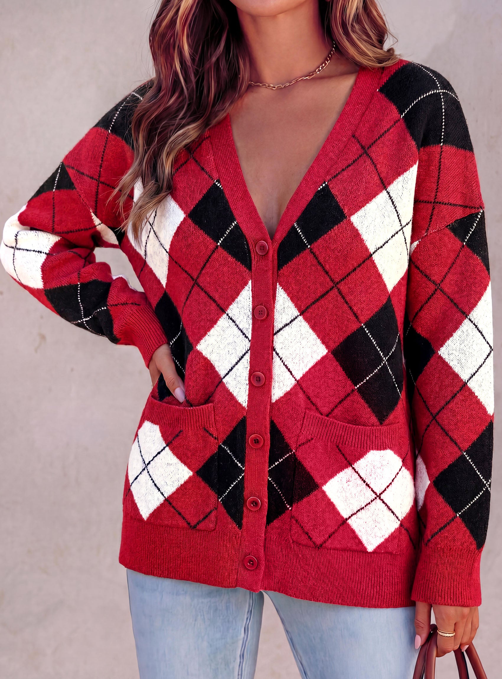 PRETTYGARDEN Women's Cardigan Argyle Winter Sweaters | Cozy Warm Chunky Knit, Long Sleeve V Neck, Color Block Plaid, Button Up Pocket,Trendy Fall Jackets, Holiday Going Out Outfits