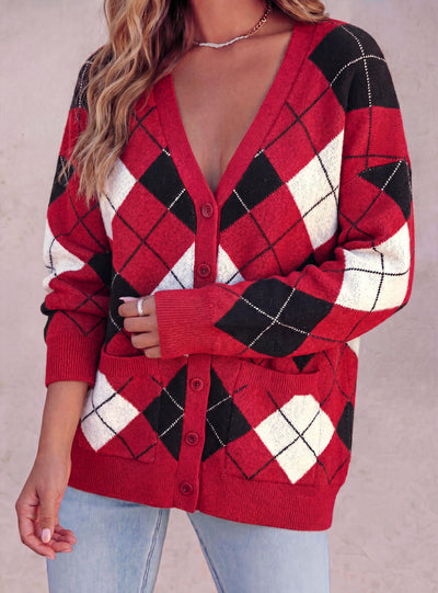 PRETTYGARDEN Women's Cardigan Argyle Winter Sweaters | Cozy Warm Chunky Knit, Long Sleeve V Neck, Color Block Plaid, Button Up Pocket,Trendy Fall Jackets, Holiday Going Out Outfits