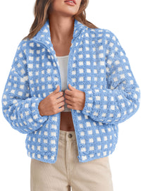 PRETTYGARDEN Women's Gingham Sherpa Fleece Jacket Plaid Cropped Teddy Coat  Trendy Y2K Winter Jacket, Zip Up Stand Collar, Side Pockets, Fall Outfit for Casual Daily, Going Out, Streetwear, Outdoor