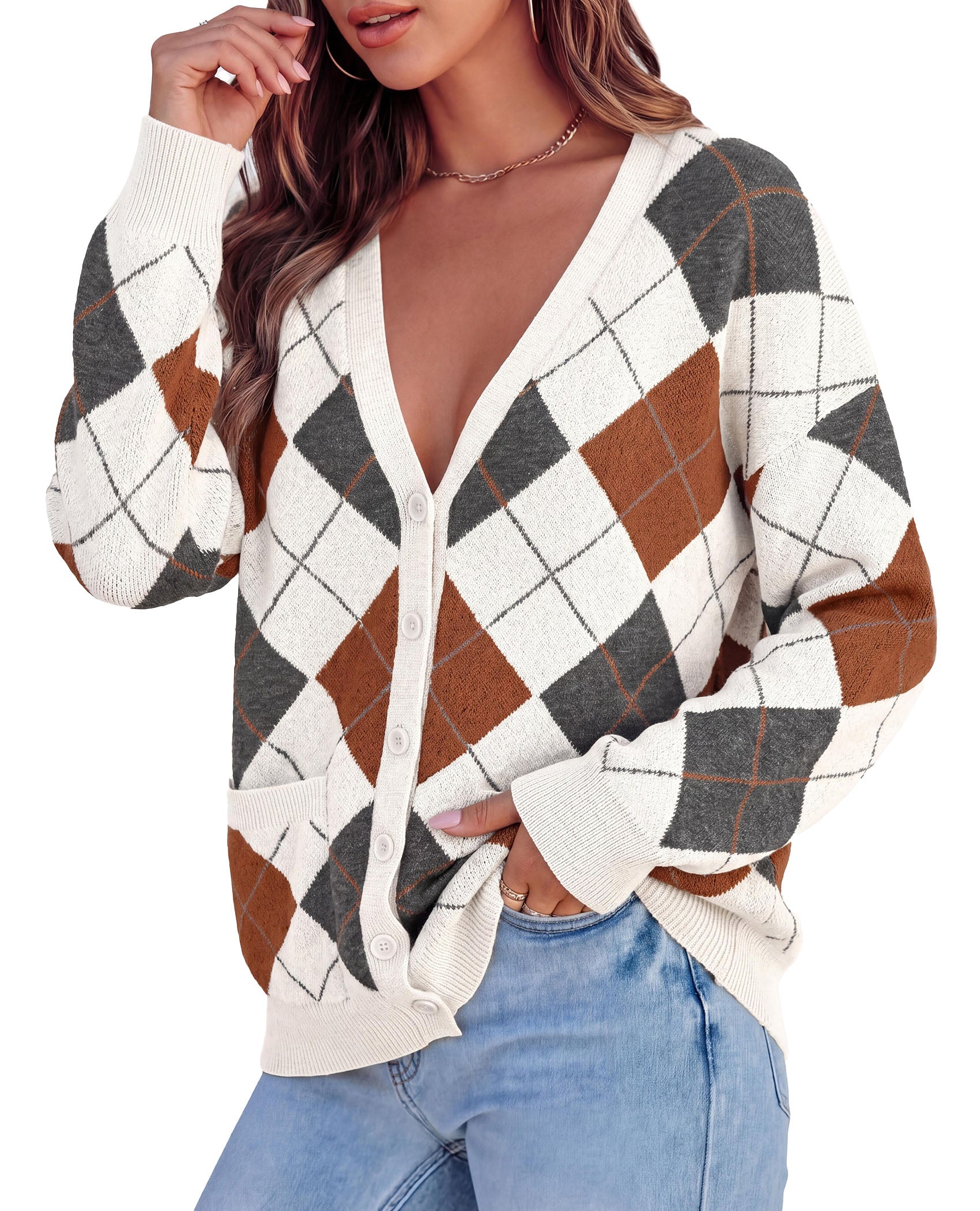 PRETTYGARDEN Women's Cardigan Argyle Winter Sweaters | Cozy Warm Chunky Knit, Long Sleeve V Neck, Color Block Plaid, Button Up Pocket,Trendy Fall Jackets, Holiday Going Out Outfits