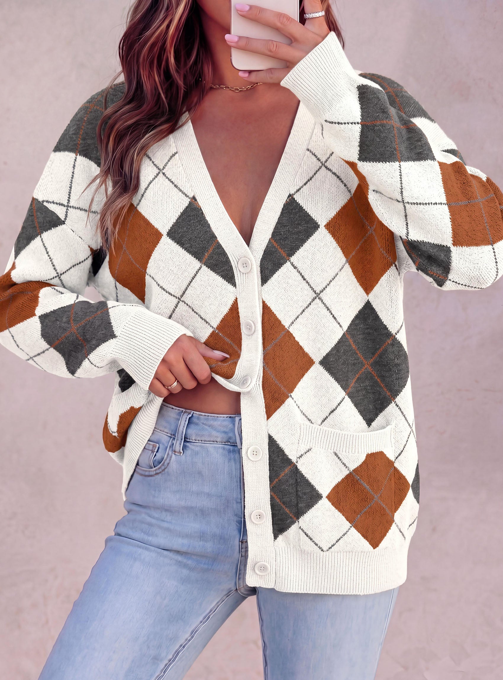 PRETTYGARDEN Women's Cardigan Argyle Winter Sweaters | Cozy Warm Chunky Knit, Long Sleeve V Neck, Color Block Plaid, Button Up Pocket,Trendy Fall Jackets, Holiday Going Out Outfits