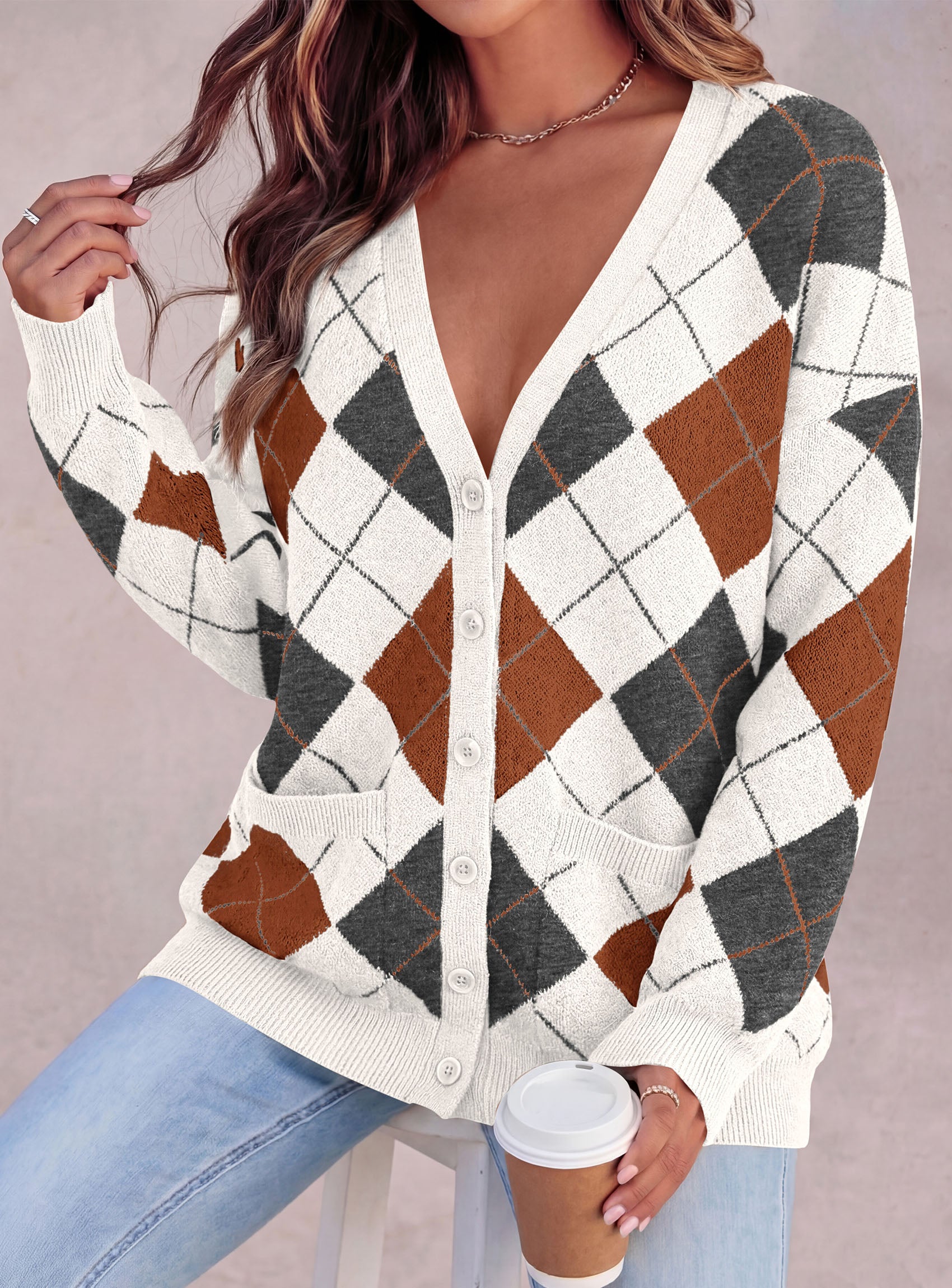 PRETTYGARDEN Women's Cardigan Argyle Winter Sweaters | Cozy Warm Chunky Knit, Long Sleeve V Neck, Color Block Plaid, Button Up Pocket,Trendy Fall Jackets, Holiday Going Out Outfits