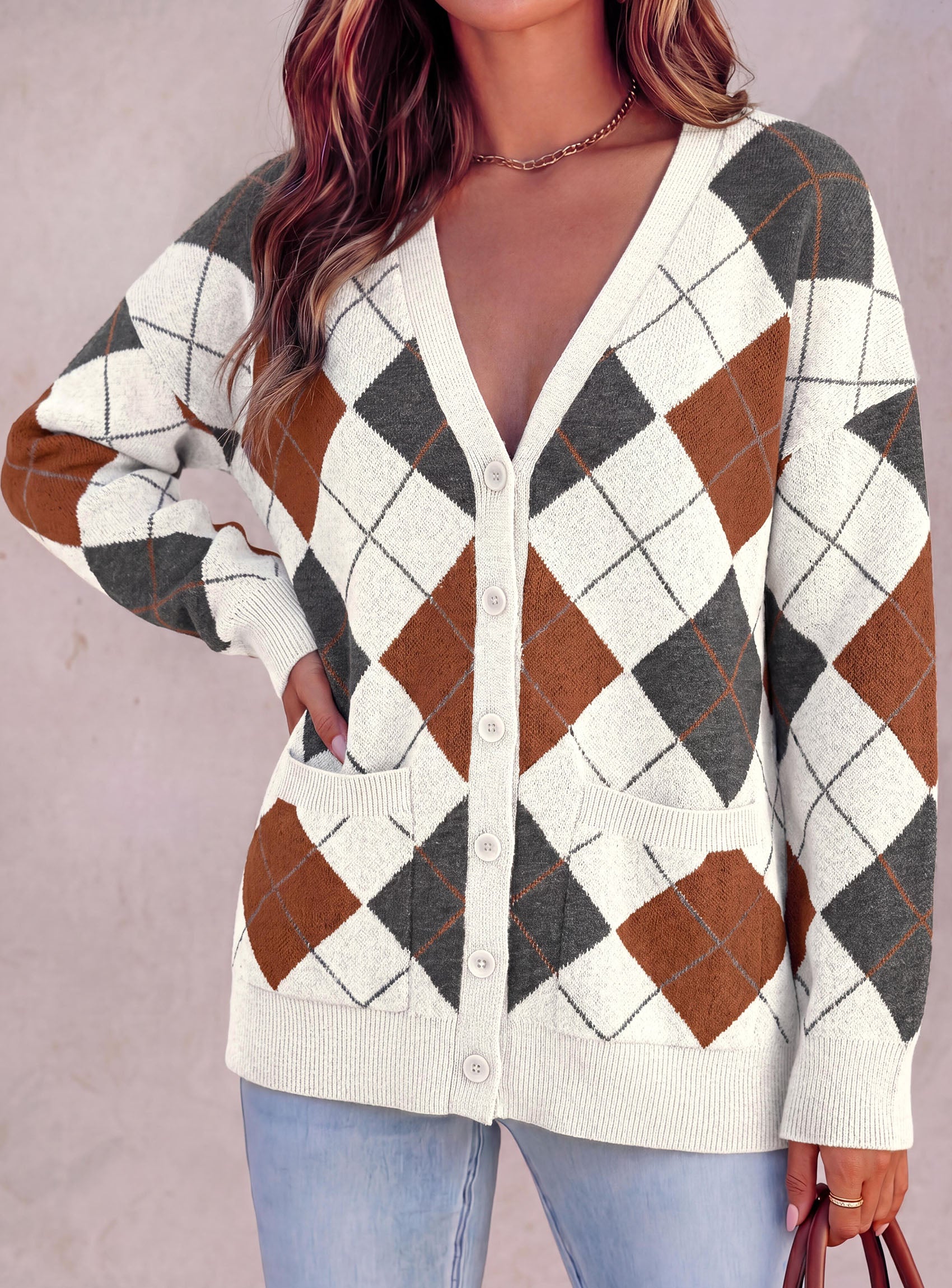 PRETTYGARDEN Women's Cardigan Argyle Winter Sweaters | Cozy Warm Chunky Knit, Long Sleeve V Neck, Color Block Plaid, Button Up Pocket,Trendy Fall Jackets, Holiday Going Out Outfits