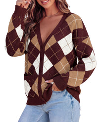PRETTYGARDEN Women's Cardigan Argyle Winter Sweaters | Cozy Warm Chunky Knit, Long Sleeve V Neck, Color Block Plaid, Button Up Pocket,Trendy Fall Jackets, Holiday Going Out Outfits