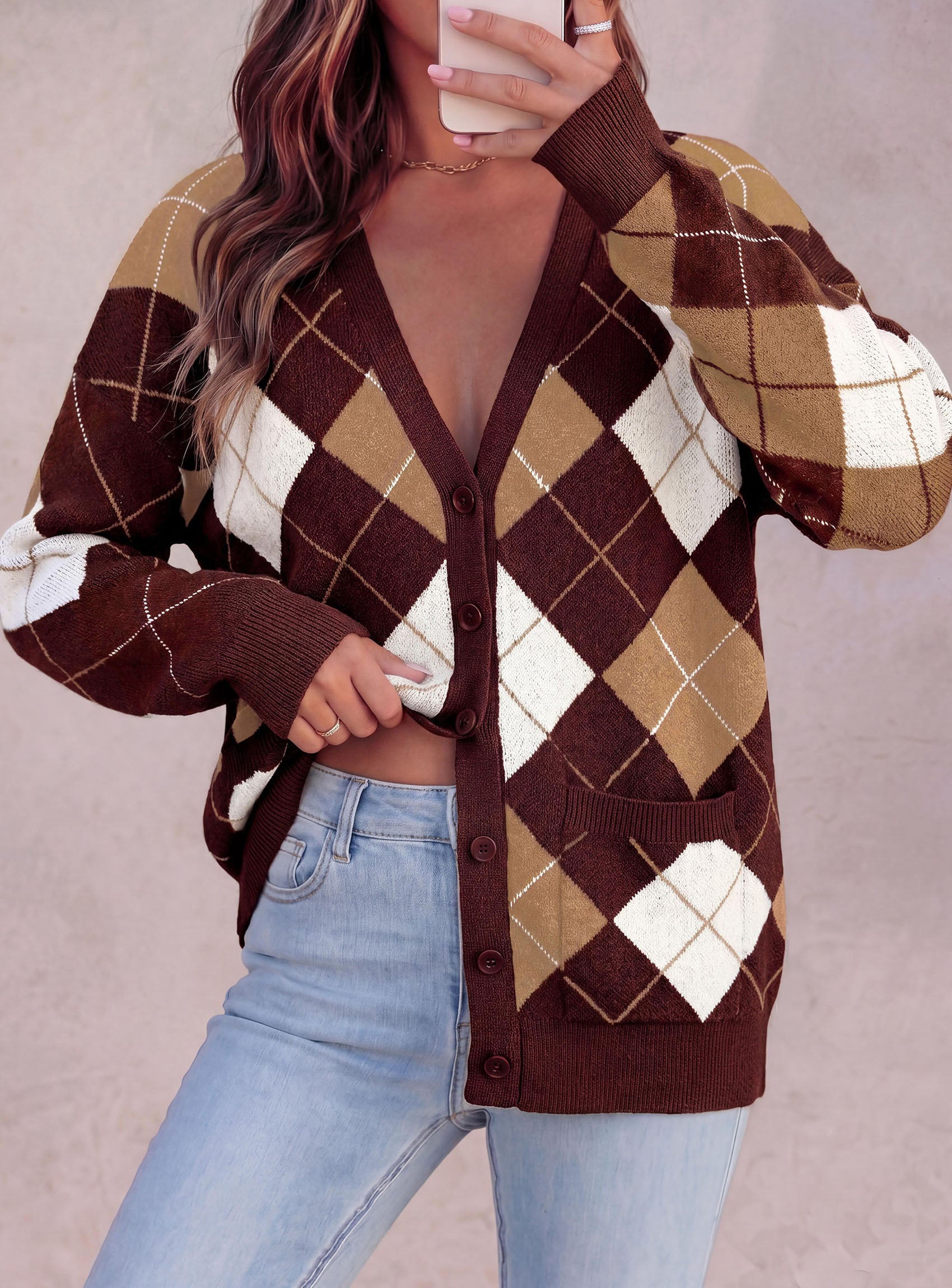 PRETTYGARDEN Women's Cardigan Argyle Winter Sweaters | Cozy Warm Chunky Knit, Long Sleeve V Neck, Color Block Plaid, Button Up Pocket,Trendy Fall Jackets, Holiday Going Out Outfits