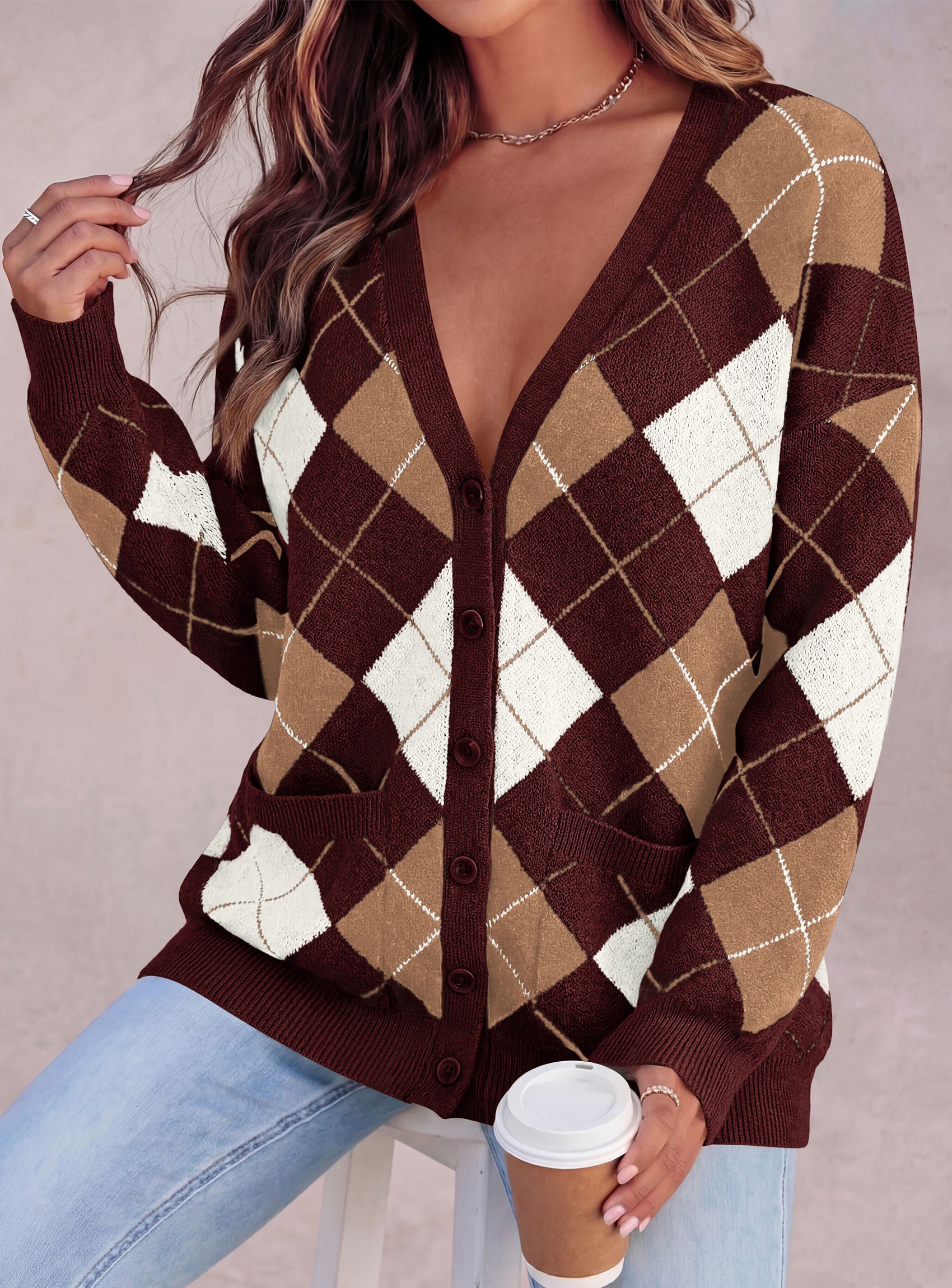 PRETTYGARDEN Women's Cardigan Argyle Winter Sweaters | Cozy Warm Chunky Knit, Long Sleeve V Neck, Color Block Plaid, Button Up Pocket,Trendy Fall Jackets, Holiday Going Out Outfits