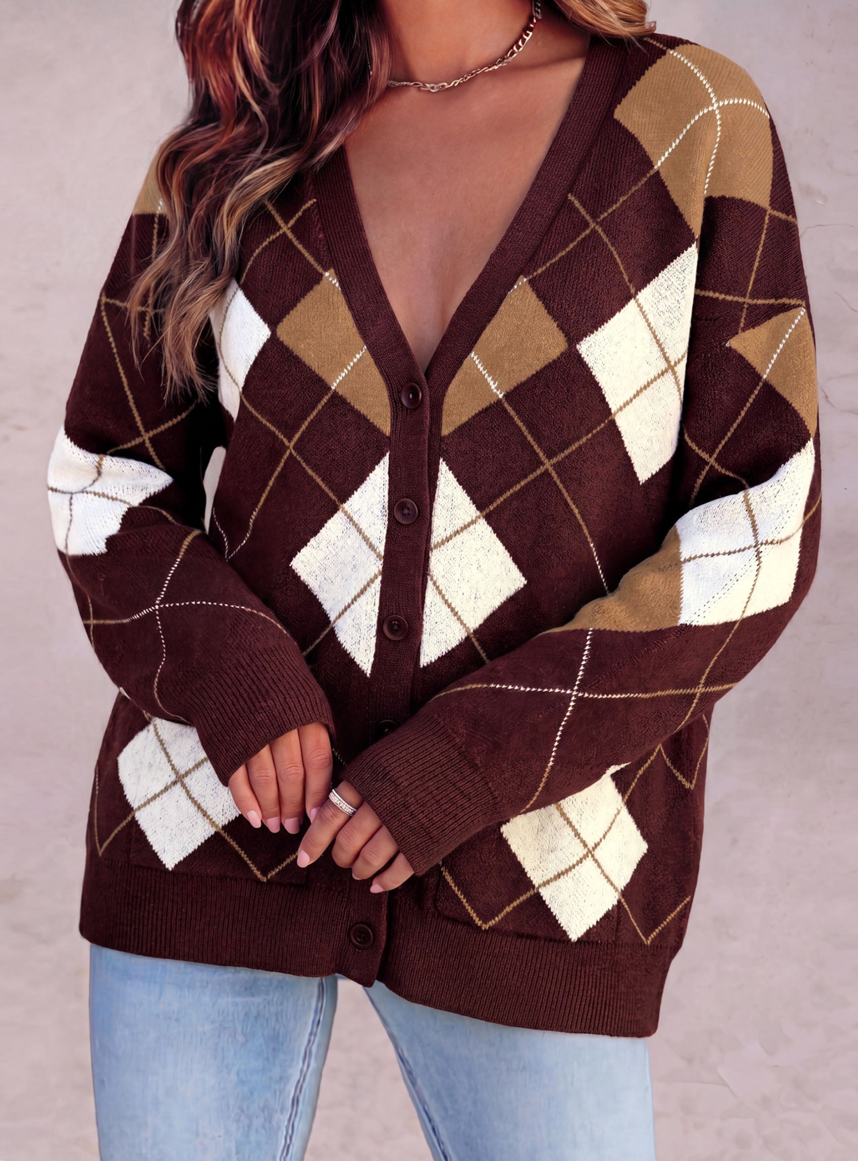 PRETTYGARDEN Women's Cardigan Argyle Winter Sweaters | Cozy Warm Chunky Knit, Long Sleeve V Neck, Color Block Plaid, Button Up Pocket,Trendy Fall Jackets, Holiday Going Out Outfits