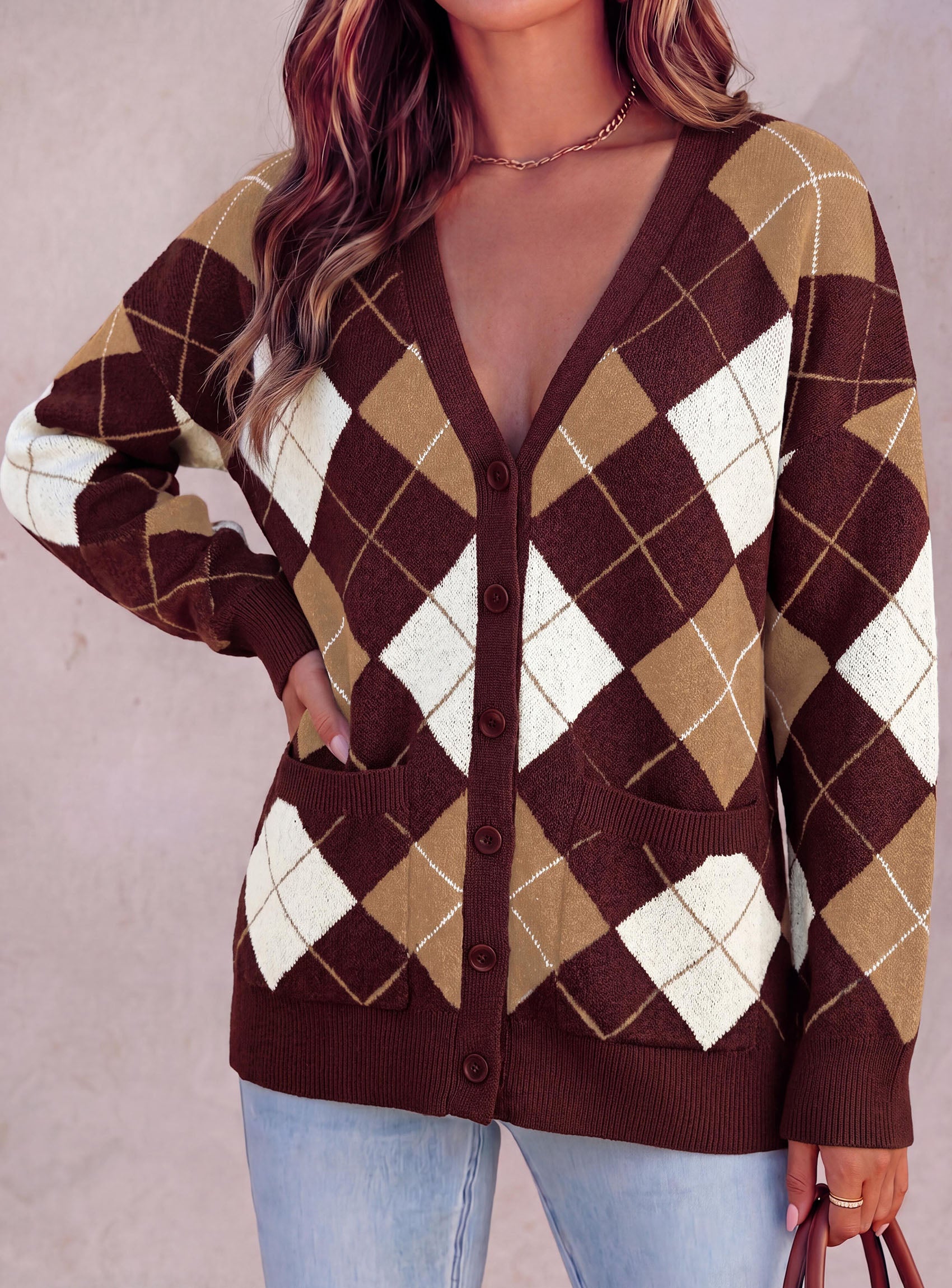 PRETTYGARDEN Women's Cardigan Argyle Winter Sweaters | Cozy Warm Chunky Knit, Long Sleeve V Neck, Color Block Plaid, Button Up Pocket,Trendy Fall Jackets, Holiday Going Out Outfits
