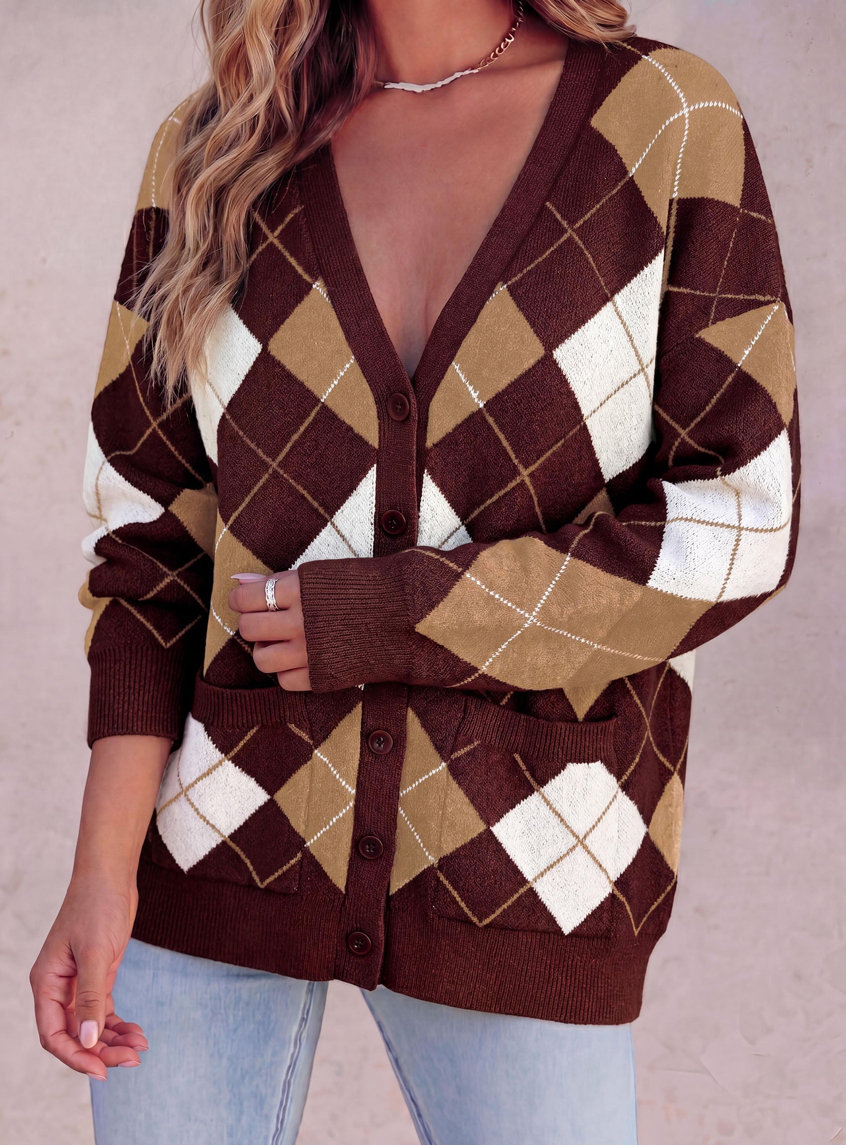 PRETTYGARDEN Women's Cardigan Argyle Winter Sweaters | Cozy Warm Chunky Knit, Long Sleeve V Neck, Color Block Plaid, Button Up Pocket,Trendy Fall Jackets, Holiday Going Out Outfits