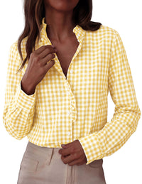 PRETTYGARDEN Womens Long Sleeve Button Down Shirts | Soft Cotton Fabric, Fashion Plaid Shirt, Basic Collared V Neck, Work Business Casual Blouses, 2026 Fall Trendy Outfits