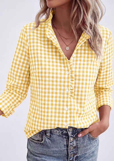 PRETTYGARDEN Womens Long Sleeve Button Down Shirts | Soft Cotton Fabric, Fashion Plaid Shirt, Basic Collared V Neck, Work Business Casual Blouses, 2026 Fall Trendy Outfits