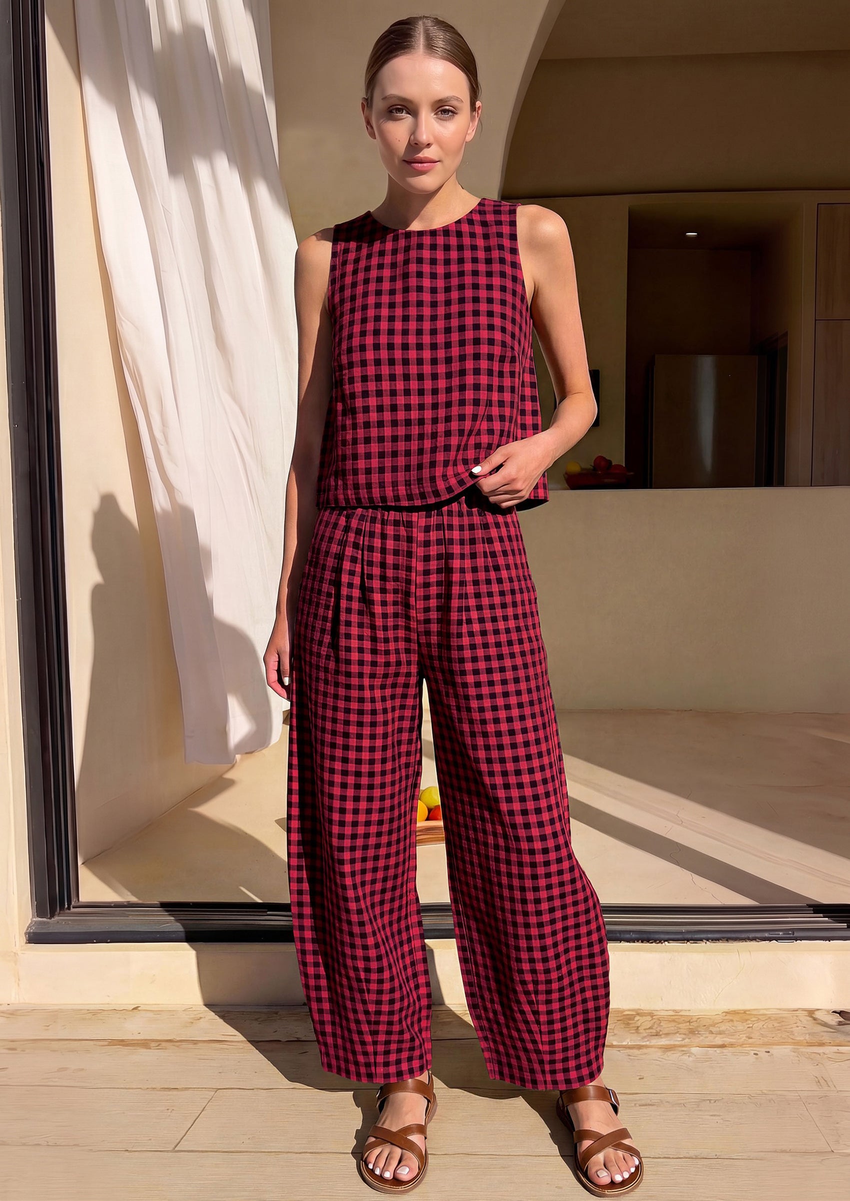 PRETTYGARDEN Womens 2 Piece Sets Summer Plaid Sleeveless Tops Wide Leg Pants Matching Lounge Set Beach Vacation Outfits