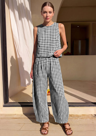 PRETTYGARDEN Womens 2 Piece Sets Summer Plaid Sleeveless Tops Wide Leg Pants Matching Lounge Set Beach Vacation Outfits