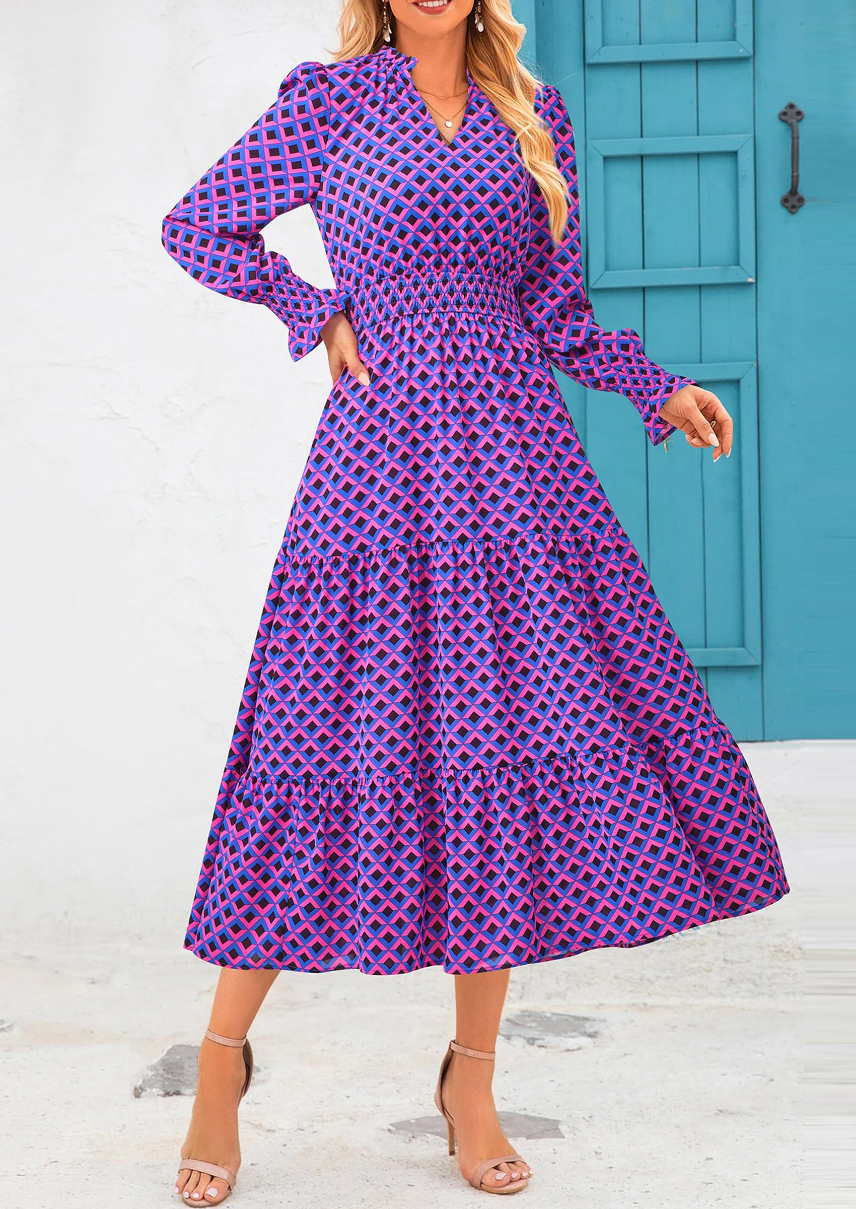 PRETTYGARDEN Women's Floral Maxi Dress Spring Long Sleeve V Neck Casual A Line Long Flowy Boho Party Dresses