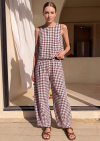 PRETTYGARDEN Womens 2 Piece Sets Summer Plaid Sleeveless Tops Wide Leg Pants Matching Lounge Set Beach Vacation Outfits