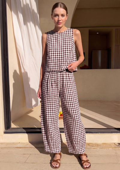 PRETTYGARDEN Womens 2 Piece Sets Summer Plaid Sleeveless Tops Wide Leg Pants Matching Lounge Set Beach Vacation Outfits