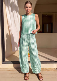 PRETTYGARDEN Womens 2 Piece Sets Summer Plaid Sleeveless Tops Wide Leg Pants Matching Lounge Set Beach Vacation Outfits