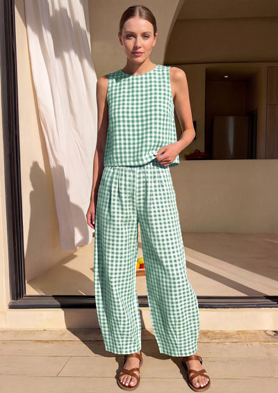 PRETTYGARDEN Womens 2 Piece Sets Summer Plaid Sleeveless Tops Wide Leg Pants Matching Lounge Set Beach Vacation Outfits